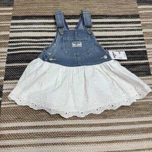 Oshkosh B'Gosh Baby Girl Denim Eyelet Overalls Dress Blue White Size 12 months